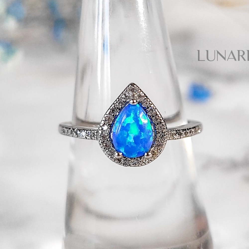 925 Sterling Silver Teardrop Blue Opal Halo Ring with Cubic Zirconia, Size 7